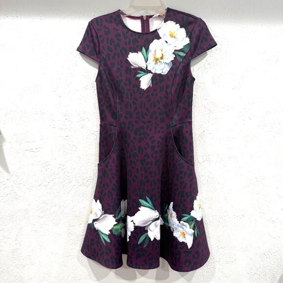 Ted Baker Animal And Floral Print Skater Dress Purple Size XS Size 1 TB - Picture 5 of 17